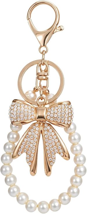 Bow Keychain White Rhinestone Bowknot Keychain Imitation Pearl Chains